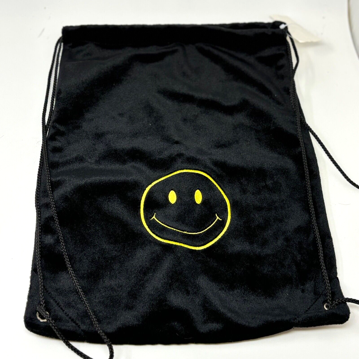 Claire's Black Velvet String Backpack Bag Embroidered Yellow Smiley Face