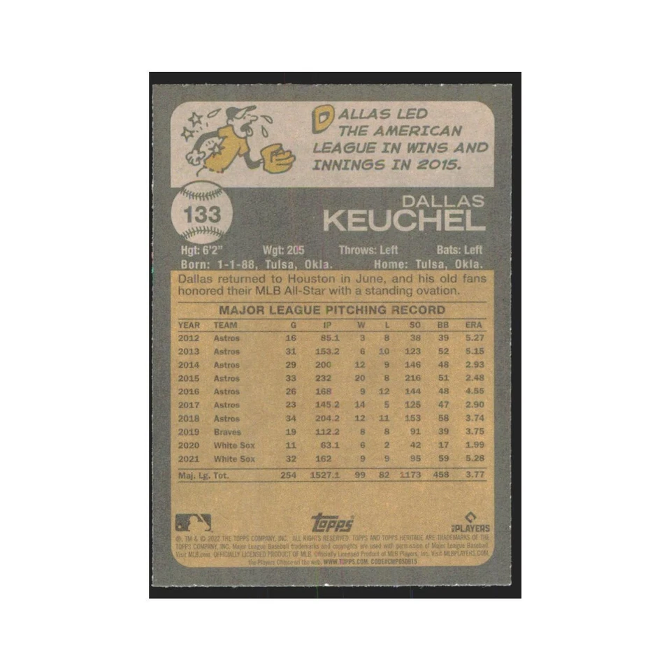 2022 Topps Heritage Dallas Keuchel White Sox #133 - Image 2 of 3