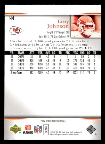 2007 Upper Deck #94 Larry Johnson Kansas City Chiefs - Image 2 of 2