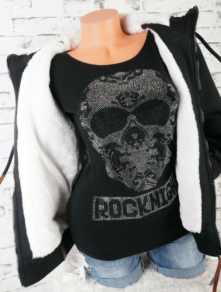 Damen Sweat Jacke Hoodie Kapuze dick gefüttert Teddyfell Futter UNI M - 3XL - Bild 4 von 4