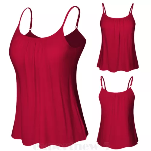 Women Flowy Pleated Camisole with Built-in Bra Loose Casual Sleeveless Tank Tops - Picture 27 of 48