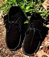 Moccasins comfortable Native American fringe ankle tie up cowhide suede black