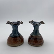 Glazed Pottery Candlestick Holders / Vases(2) Blue and Brown  W 3" H 4.5"