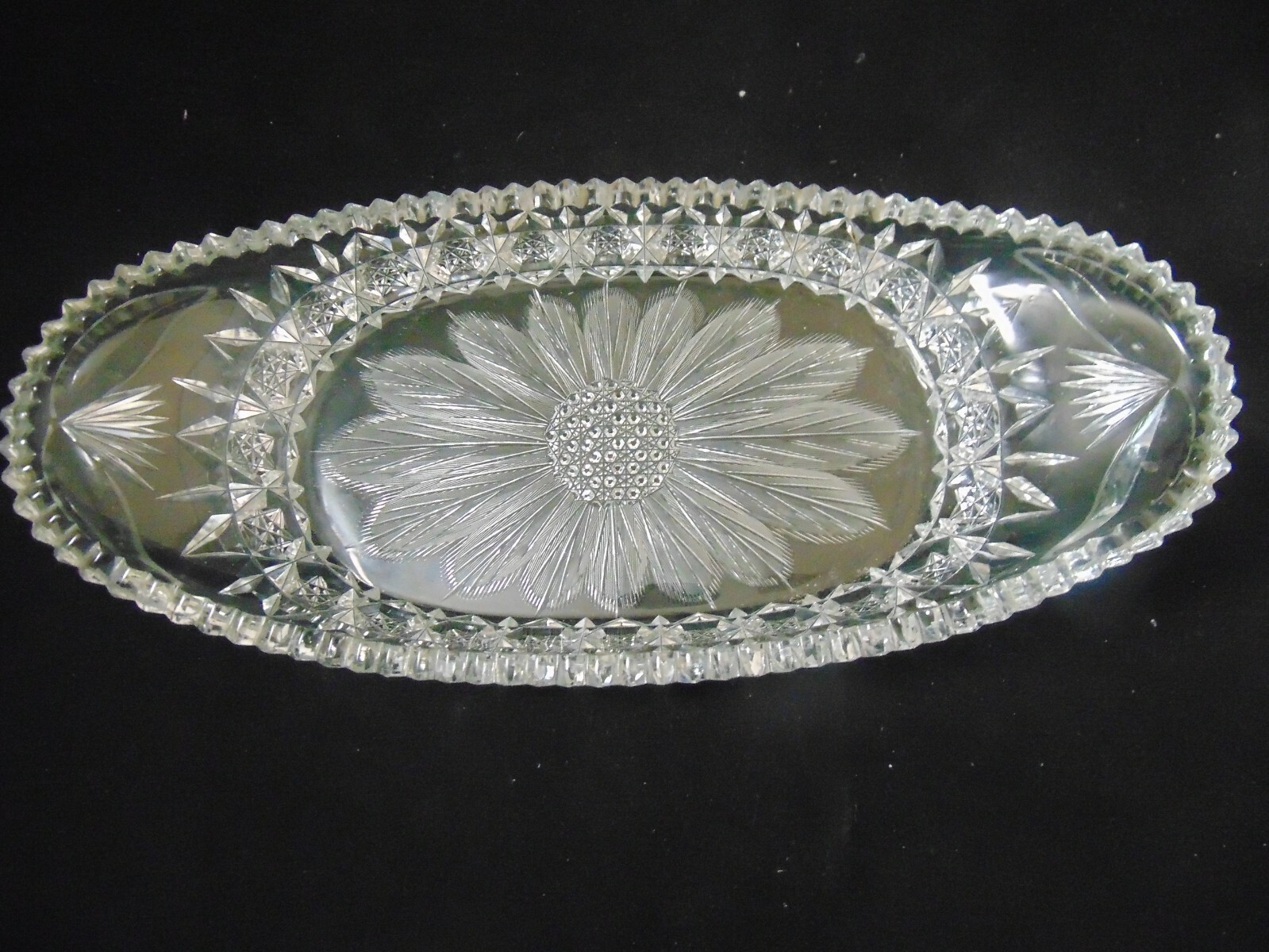 13" ABP American Brilliant Cut Glass Celery Tray, HC Fry Co? Flower, Poppy?