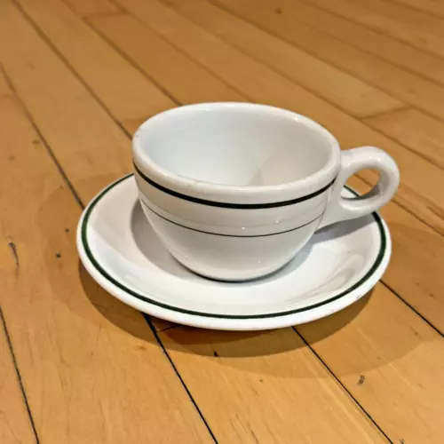 Vintage Buffalo China Restaurant Coffee Cup and Saucer Green Stripe MCM