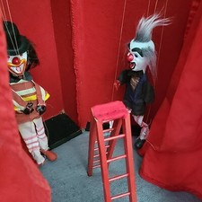 Traveling Wooden Case Clowns Puppets Marionettes Ladder Red Curtains Stage