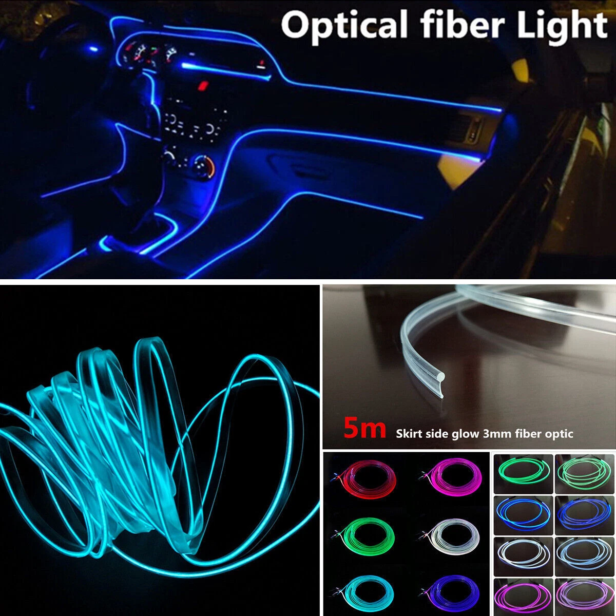 5M 3.0mm PMMA Side Glow Fiber Optic Cable for Car Dash Decor