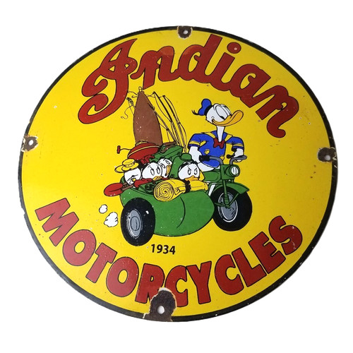 Vintage Indian Motorcycles Sign - Donald Duck Porcelain Walt Disney Sign