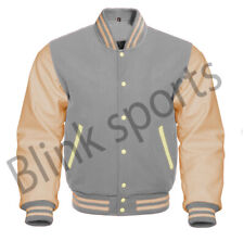 Letterman Baseball Varsity Bomber Grey Wool Body  Cream Leather Sleeves jackets