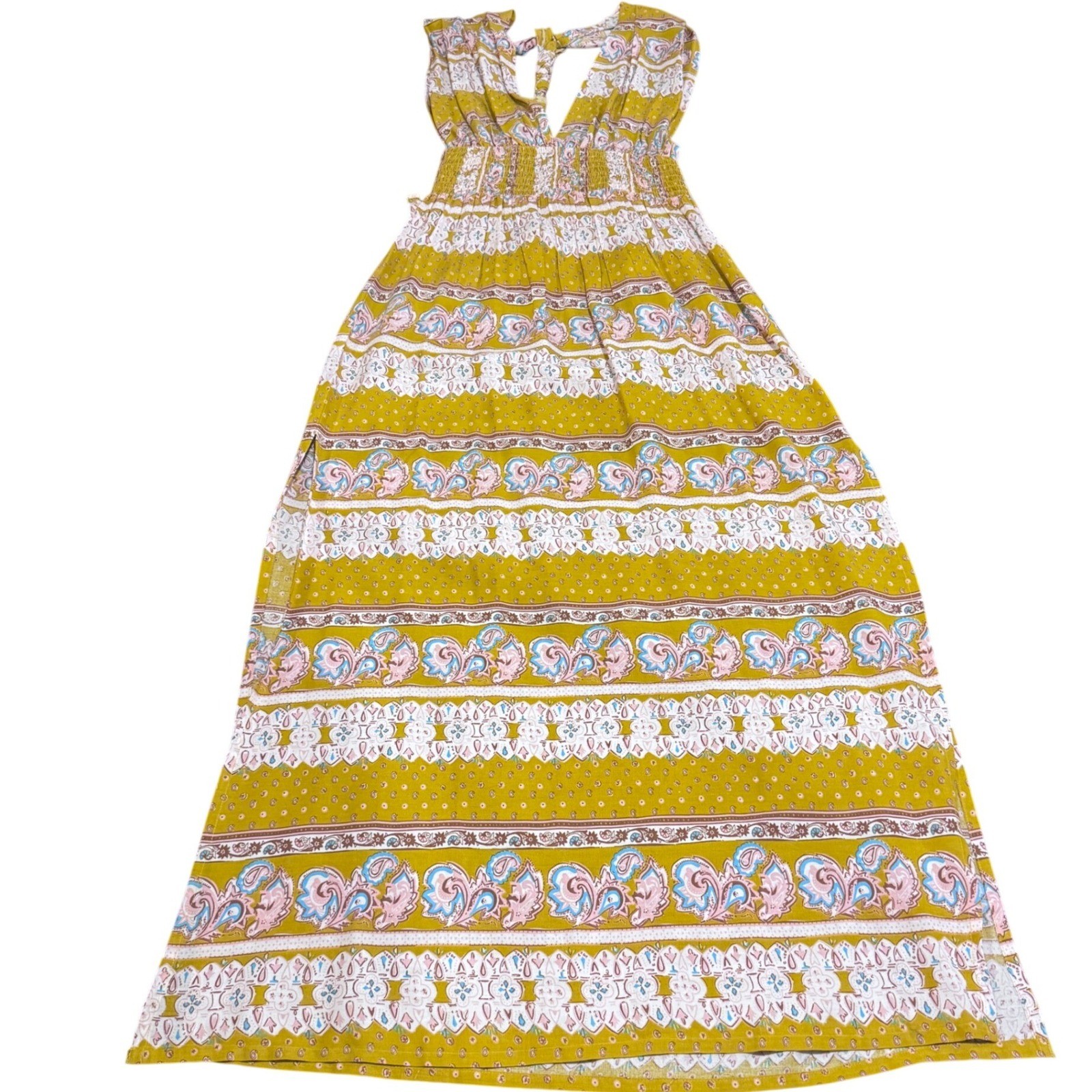 NWT Natural Life Evangeline Maxi Dress V-neck T Back Smocked Waist Boho Festi S