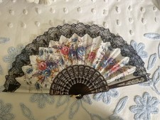 Beautiful Vintage Hand Held Folding Floral Black Laced Spanish Fan Celluloid