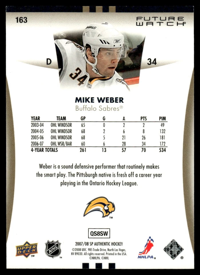 2007-08 SP Authentic FUTURE WATCH Mike Weber Rookie 841/999 Buffalo Sabres #163 - Image 2 of 2