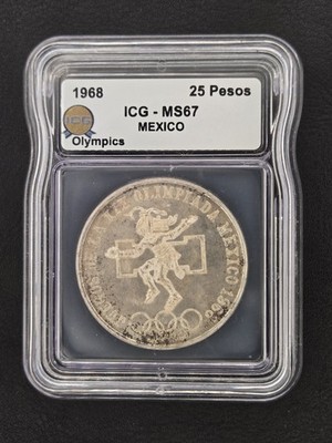 1968 Mexico Silver 25 Pesos Olympics Type 1 MS67 ICG 72% Silver