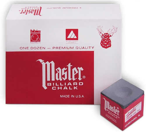 Red and white Master Billiard Pool Cue Chalk box with teal logo, made in U.S.A., next to two white chalk cubes.