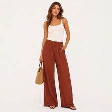 Uniqlo Wide Leg Palazzo Pants Size L Accordion Pleat Elastic Waist Burnt Orange