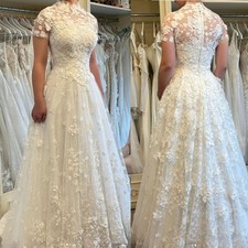 Vintage High Neck Wedding Dresses with Short Sleeves Full Lace Appliques Bridal