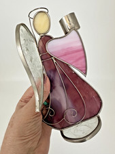 Angel Stained Glass Free Standing 8" Tall Purple Pink White Taper Candle Holder