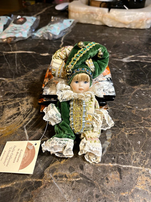 L'Arcobaleno Porcelain Doll Made in Italy Green Jester Costume