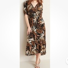Old Navy NWT Empire Waist Midi Dress Women's Size Large Palm Leaf Brown Cream