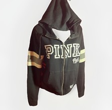 Victorias Secret PINK Zip Up Hoodie Black  Gray Chest Logo Women  s M