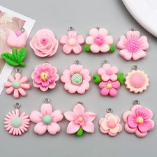 BULK 30Pcs Pink Flower Resin Charms DIY Jewelry Making Pendants