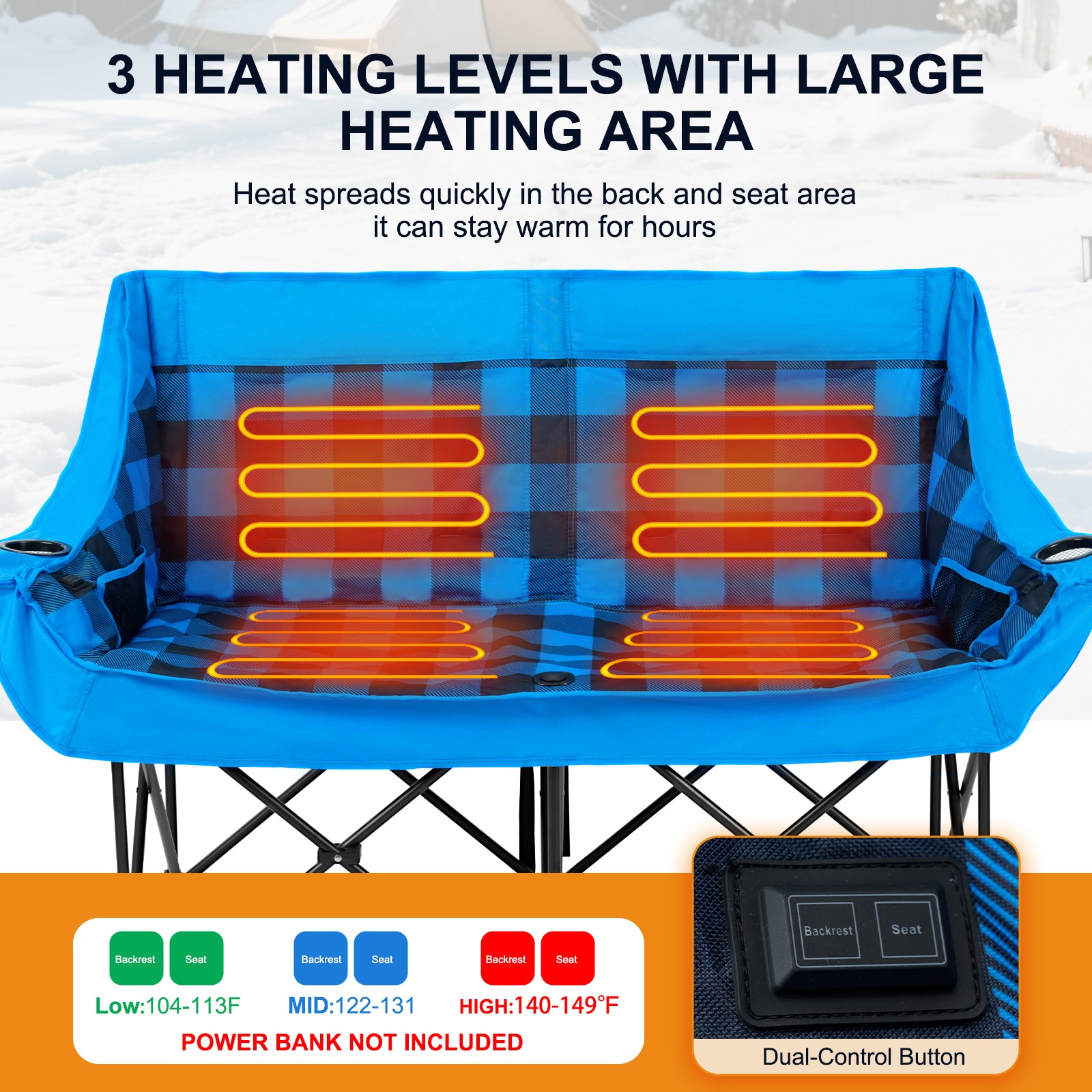 NAIZEA Heated Double Camping Chair with 3 Heat Levels Fully Padded Duo Chair