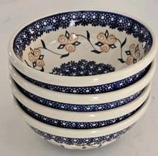 Polish Pottery Bowl Hand Crafted & Painted PinkHued Roses 6.5"Wide Bowl~Set of 4