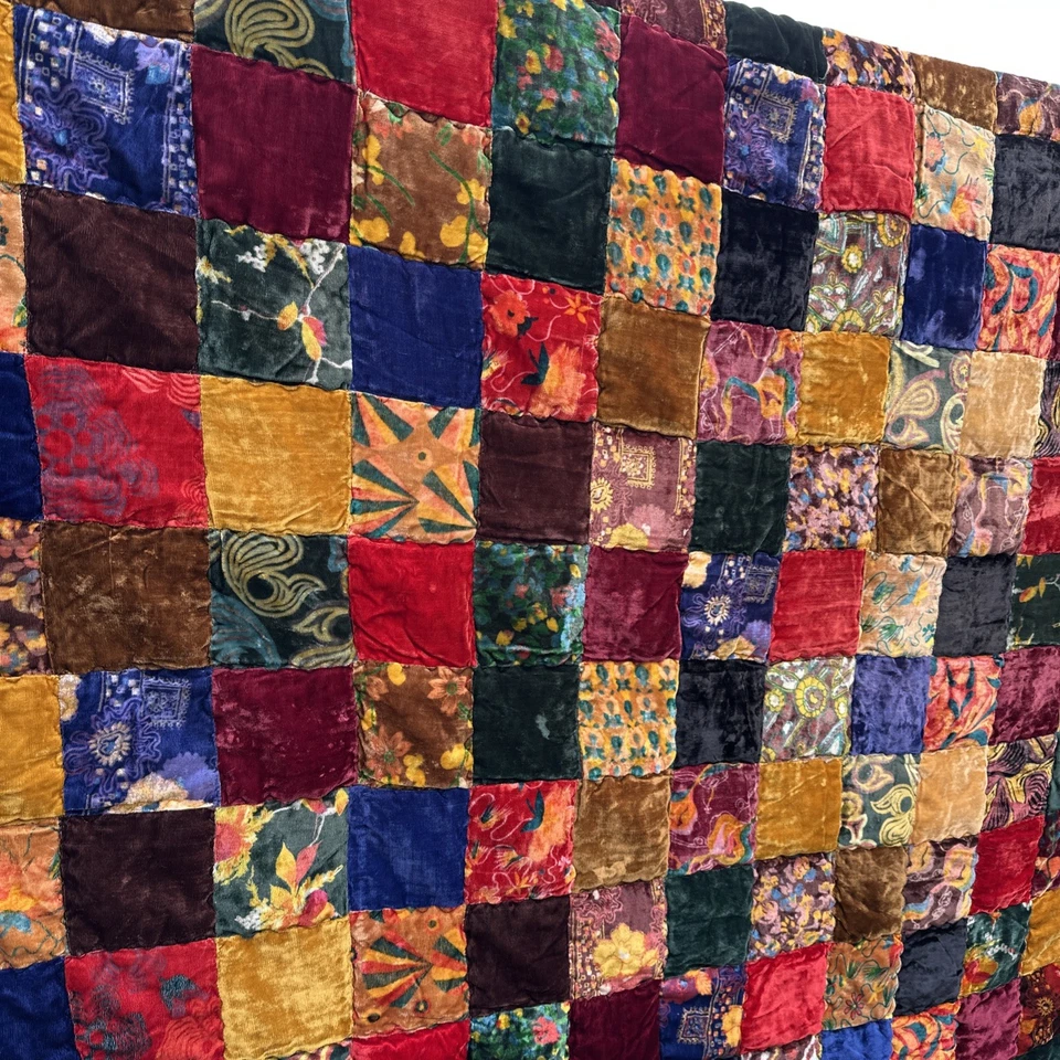 Colcha edredón de terciopelo vintage años 70 retazos hippie boho manta reina 102 x 120 Foto 2 de 4