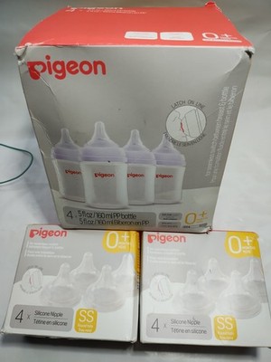 Pigeon New Born Baby Bundle Anti-Colic 4x 5oz 160ml Bottles + 7 SS Nipples *READ