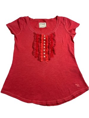 Abercrombie Kids Top Girls Large Red Ruffle Henley Short Sleeve Casual