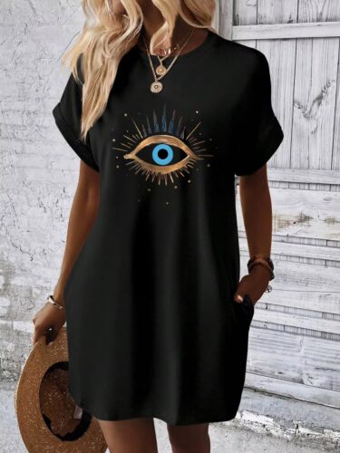 Women's Summer Loose Print Round Neck Short Sleeve Pocket Casual Dress(148)