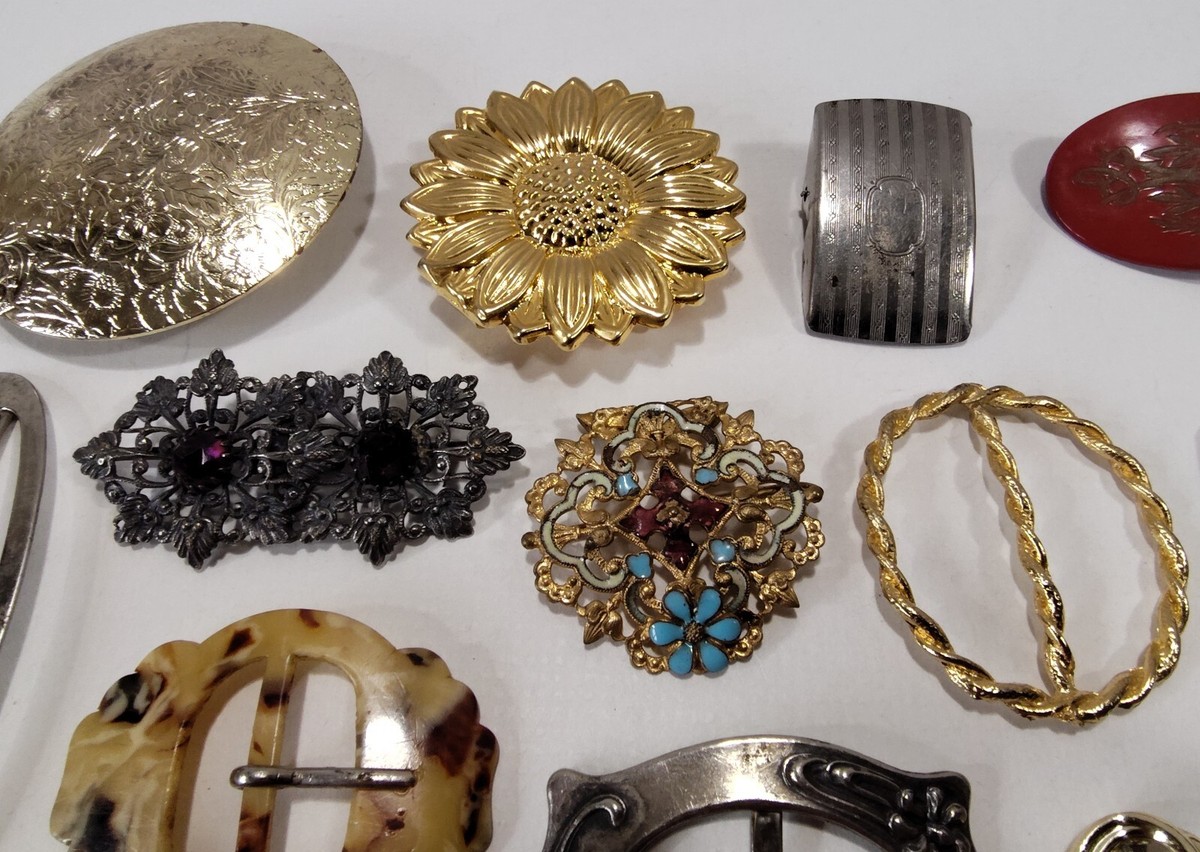 36 Vintage Belt Buckle Scarf Slide Rhinestone Glass Plastic  display picture 3