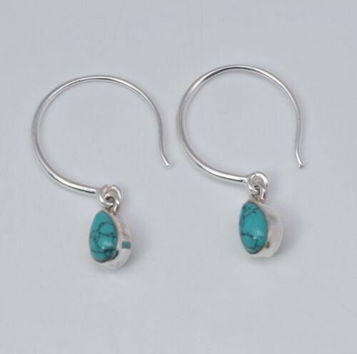 925 Solid Sterling Silver Blue Turquoise Hoop Earring-1.2 Inch B - Picture 1 of 4