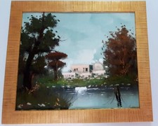  Paesaggio con lago con cornice in oro Quadro ad olio Misura dipinto cm. 50x60