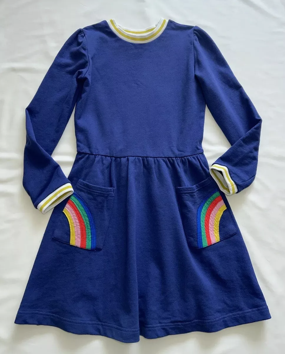 Mini Boden Appliqu Pocket Dress Starboard Blue Rainbow Size 11 12