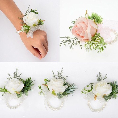 Wedding Boutonniere Rose Pearl Wrist Flower Bridesmaid Bracelet Corsage Decor - Picture 3 of 29
