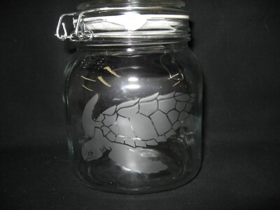 NEW ETCHED LOGGERHEAD SEA TURTLE GLASS COOKIE STORAGE MASON JAR CANISTER