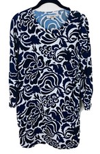 Loft XS Blue Black White Floral Shift Long Sleeve Dress