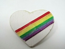 Vintage Rainbow Pride Flag Pin Heart Shaped Wood Handmade LGBTQ Gay Rights