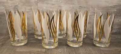 Vintage MCM High Ball Rocks Old Fashioned Glasses White Gold Flame Atomic Set 8