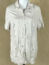 Avenue Beige Linen Blouse Sz 14/16 Eyelet Short Sleeve Mother Pearl Buttons
