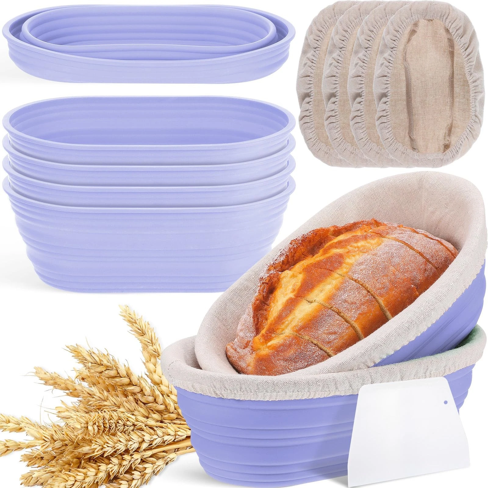 4 Pack Oval Bread Proofing Basket Silicone 10 Inch Collapsible Sourdough Brea...