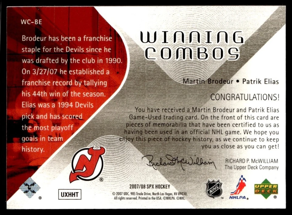 Combos ganadores SPx 2007-08 Martin Brodeur/Patrik Elias New Jersey Devils #WC-BE Foto 2 de 2
