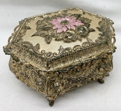 Vtg Ornate Open Work Metal Trinket Jewelry Box Scrolls & Flowers Pink Flower