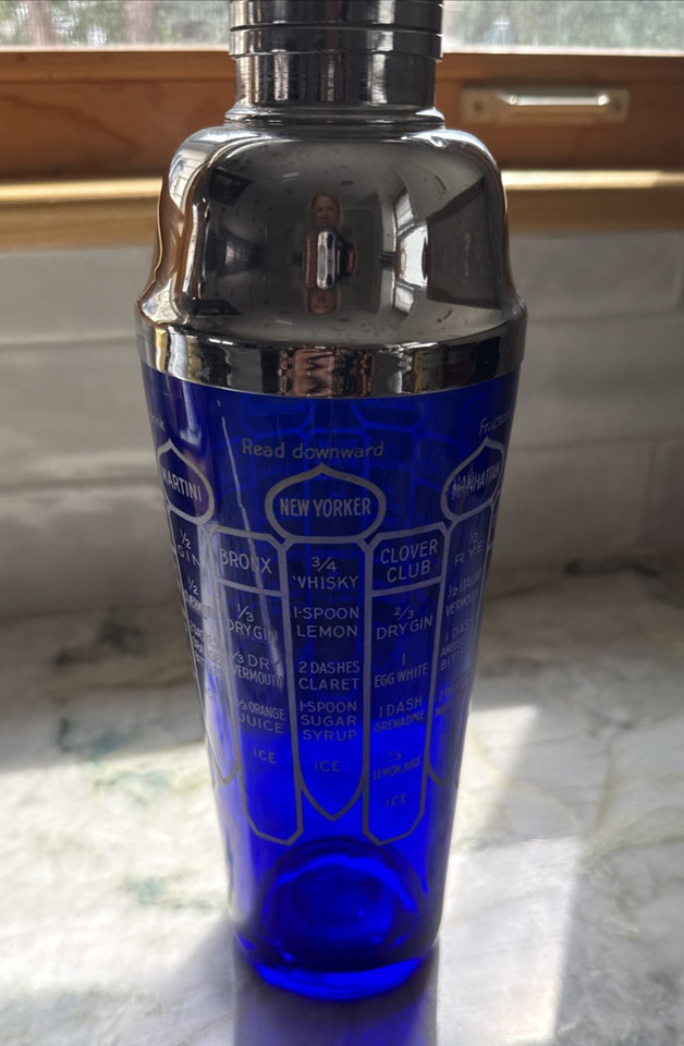 Vintage MCM Cobalt Blue - Glass Bartender Large Cocktail Shaker Recipes  11"