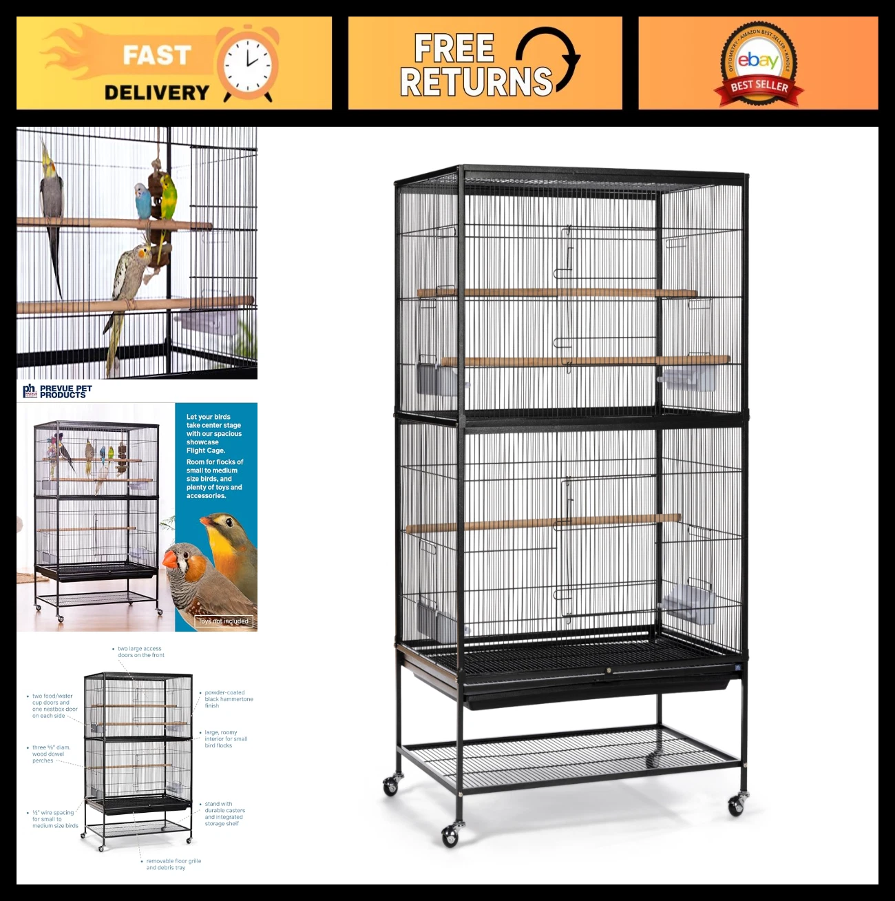 Large Metal Bird Flight Cage on Wheels for Parakeets, Canaries, Cockatiels & Mor