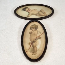 (2) Antique Oval Framed Winged Cupid Bessie Pease Gutmann That's Me+Contentment
