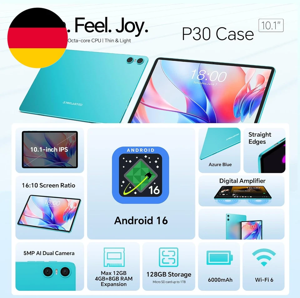 TECLAST P30CASE Tablet 10 Zoll Android 16 Tablets,1280X800 HD IPS,12GB RAM+128GB - Bild 2 von 4