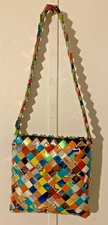 Tramp Art Purse Handmade Handbag Made from Candy Wrappers Multicolor 8X8"