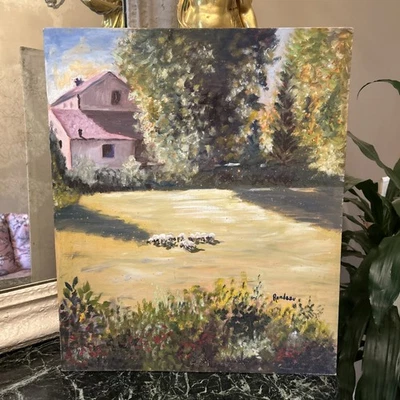 Tableau Huile Sur Panneau Ancienne Signée Paysage De Campagne Peinture Vintage - Photo 1/4